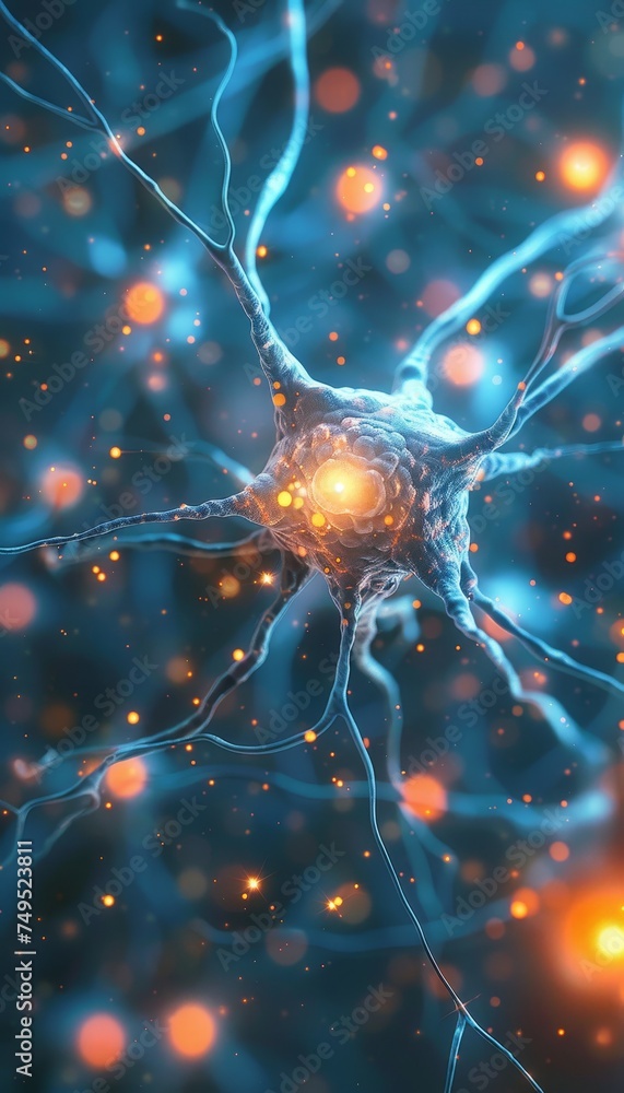 Poster detailed close up of human brain with neurons firing and neural extensions in action
