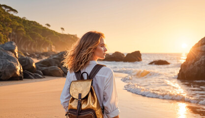 A lonely travel girl with a backpack is enjoying the outdoors on a rocky beach while gazing at the sunset over the sea

 - obrazy, fototapety, plakaty