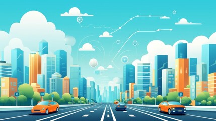 Obraz premium Social networking city and town with automation car on the world symbols moving from buildings to cloud using wifi. Vector illustration, penology, communication, generation, modern,