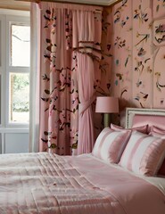 Interior view of bedroom with curtains and wallpaper with floral pattern, pale pink quilt and white pillows on double bed. Generative AI