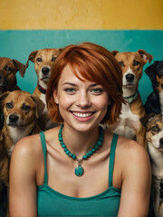 portrait of young woman with red hair posing indoors embraced with her dog