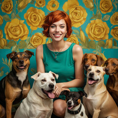 portrait of young woman with red hair posing indoors embraced with her dog