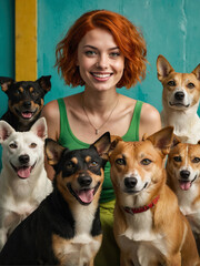Fototapeta na wymiar portrait of young woman with red hair posing indoors embraced with her dog