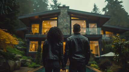 Loving couple looking at their modern dream home