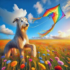 Irish wolfhound flying a rainbow kite in a country field
