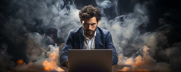 Businessman feeling stressed while working with a computer symbolizing the blend of pressure and technology. Concept Technology, Pressure, Stress, Business, Work Life Balance