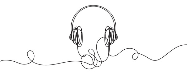 Single line drawing of headphones. vector illustration. Continuous line drawing of headphones musical sound wave.