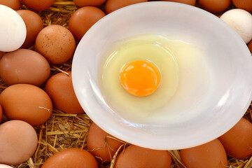 fresh eggs and chicken eggs with dried straw lying on a wooden background table on an organic farm
