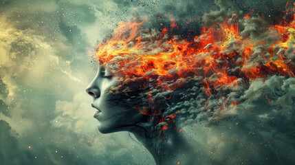 Woman with her head on fire - symbol of headache, stress, mental disease - obrazy, fototapety, plakaty