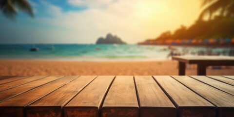 The empty wooden table top with blur background of Thailand beach. Exuberant image. generative AI