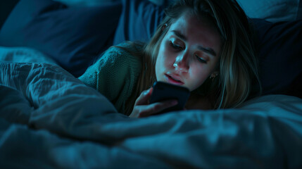 Young Girl Is Addicted to a Phone, Sleepy Exhausted Lying in Bed Using a Smartphone, Insomnia, and Addicted. Sad Bored in Bed Scrolling Through Social Networks at Night in the Dark