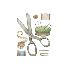 Vintage sewing collection  with scissors, threads, needles, measuring tape, pin. Hand drawn watercolor  isolated illustration on white background
