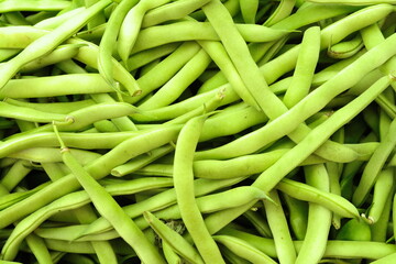 Green beans background. Vegan food. Top view.
