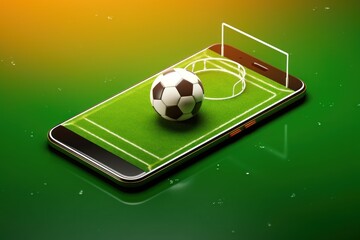 soccer ball and smartphone on green background, 3d illustration. Online Casino and Betting Concept with Copy Space. Gambling Concept.