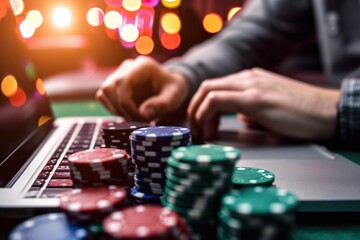 Casino gambling chips on the table. Online poker casino concept. Online Casino and Betting Concept with Copy Space. Gambling Concept.