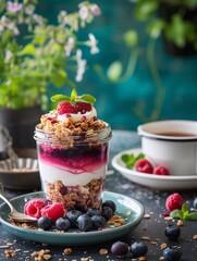 Raspberry parfait, healthy food, realistic photography