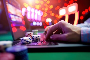 casino, gambling, entertainment and people concept - close up of male hands with playing cards and chips over roulette table background. Online Casino   Concept with Copy Space.   - Powered by Adobe