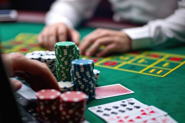 casino, gambling, entertainment and people concept - close up of poker player with chips and cards at green casino table. Online Casino and Betting Concept with Copy Space.Gambling