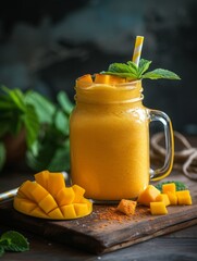 Mango smoothie in the jar, healthy food, realistic photo