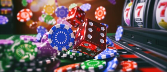 Casino gambling chips and dices on green background. Online Casino and Betting Concept with Copy Space. Gambling Concept.