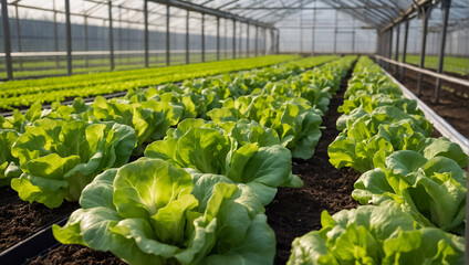 lettuce growing in a greenhouse plantation - obrazy, fototapety, plakaty