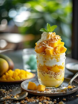 Mango parfait, healthy food, realistic photo