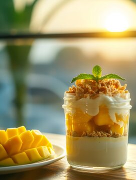 Mango parfait, healthy food, realistic photo