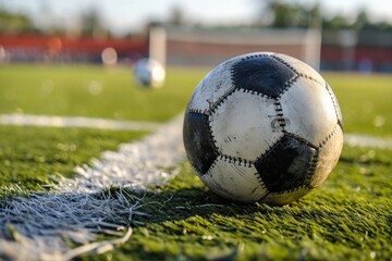 Soccer ball on the green grass of a football field with a blurred background. Online Casino and Betting Concept with Copy Space. Gambling Concept.