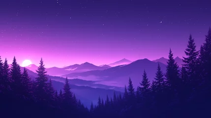 Foto op Plexiglas anti-reflex Abstract purple mountain landscape, sunset, starry © IvanCreator