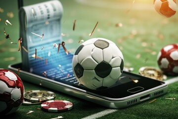 Smartphone with soccer ball and casino chips on green grass background. Online Casino and Betting Concept with Copy Space. Gambling Concept.