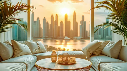 Foto op Plexiglas Dubai Skyline at Sunset: Futuristic Architecture and Vibrant Cityscape © NURA ALAM