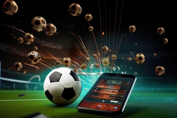 Soccer ball and mobile phone on the green stadium with flying particles. Online Casino and Betting Concept with Copy Space. Gambling Concept.