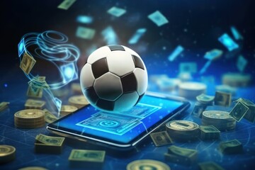 Smartphone with soccer ball on screen and money background. Online Casino and Betting Concept with Copy Space. Gambling Concept.