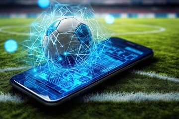 Smartphone with a soccer ball on the field. Online Casino and Betting Concept with Copy Space. Gambling Concept.