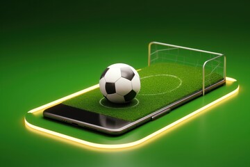 Smartphone with soccer ball on green background. 3D illustration. Online Casino and Betting Concept with Copy Space. Gambling Concept.