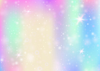 Hologram background with rainbow mesh. Kawaii universe banner in princess colors. Fantasy gradient backdrop. Hologram magic background with fairy sparkles, stars and blurs.