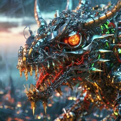 Wild monsters with many eyes and many teeth, biomechanical, cyberpunk pieces, steam punk mood, metallic fragments on the bodies, ai generative
- 749527041