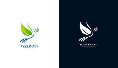 Leaf wing dove logo. Peace dove icon design, flying carrying plants. Graphic vector illustration