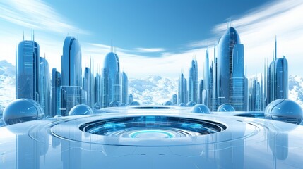 Futuristic smart city skyline with eco friendly skyscrapers, towers, and tall buildings concept.