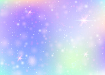 Naklejka na ściany i meble Magic background with rainbow mesh. Multicolor universe banner in princess colors. Fantasy gradient backdrop with hologram. Holographic magic background with fairy sparkles, stars and blurs.