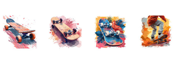 Skateboard, extreme sport, urban clipart vector illustration set - obrazy, fototapety, plakaty