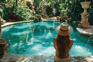 Obraz premium Tranquil Poolside Retreat in a Lush Tropical Setting. A woman in a straw hat enjoys the serene beauty of an exotic garden pool.