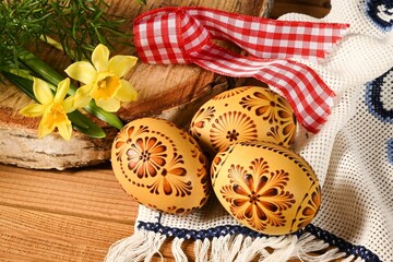 Easter - cheerful colorful Easter eggs - Czech tradition of decorating with wax,still life with...