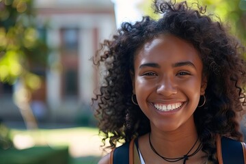 College student with a bright smile Embodying optimism and the excitement of academic achievements - obrazy, fototapety, plakaty
