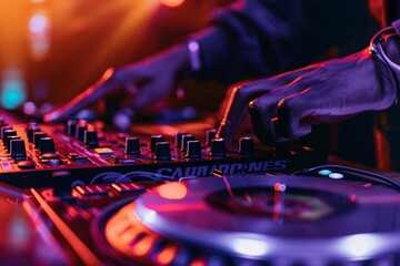 Dj mixing tracks on a turntable at a live event Crowd dancing in the background with vibrant light...