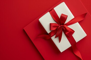 Elegant gift card mockup with a luxurious red ribbon on a minimalist background Showcasing sophistication and style