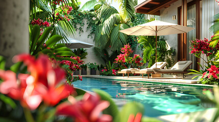Tropical Poolside Getaway: Exotic Setting with Palm Trees and Blue Waters