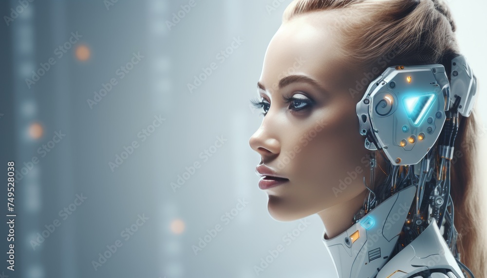 Poster futuristic white artificial intelligence humanoid robot portrait with copy space for text