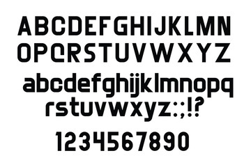 Strict Font. Minimalist bold font. Letters and numbers. flat style