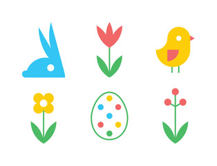 Easter icon. Bunnies, eggs and flowers icon. Flat style. Isolated on white background